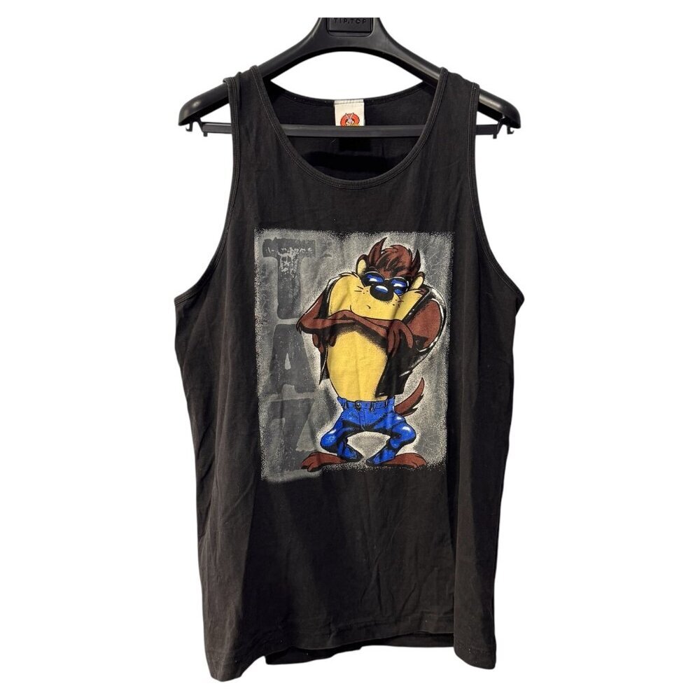 Vtg 90s Taz Looney Tunes black heavy metal biker tank top t-shirt L Large 1998